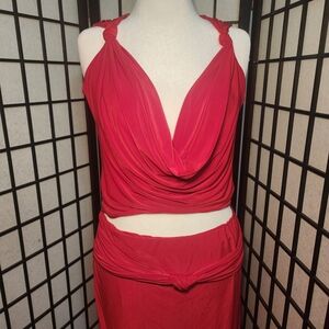 NWT PrettyLittleThing Red Slinky Cowl Neck Top And Midi Skirt Two Piece Set